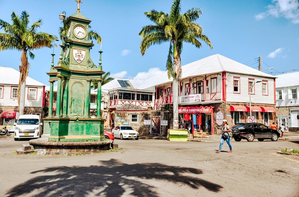 The Circus in Basseterre with the Berkeley Memorial clock tower and colonial shopfronts
